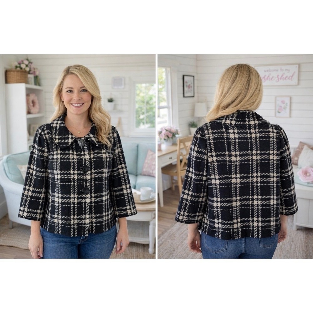 Willi Smith Womens Plaid Wool Blend Swing‎ Coat Black White Cropped Jacket L NWT